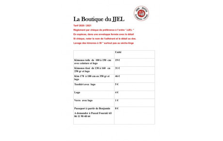 Tarifs de la boutique